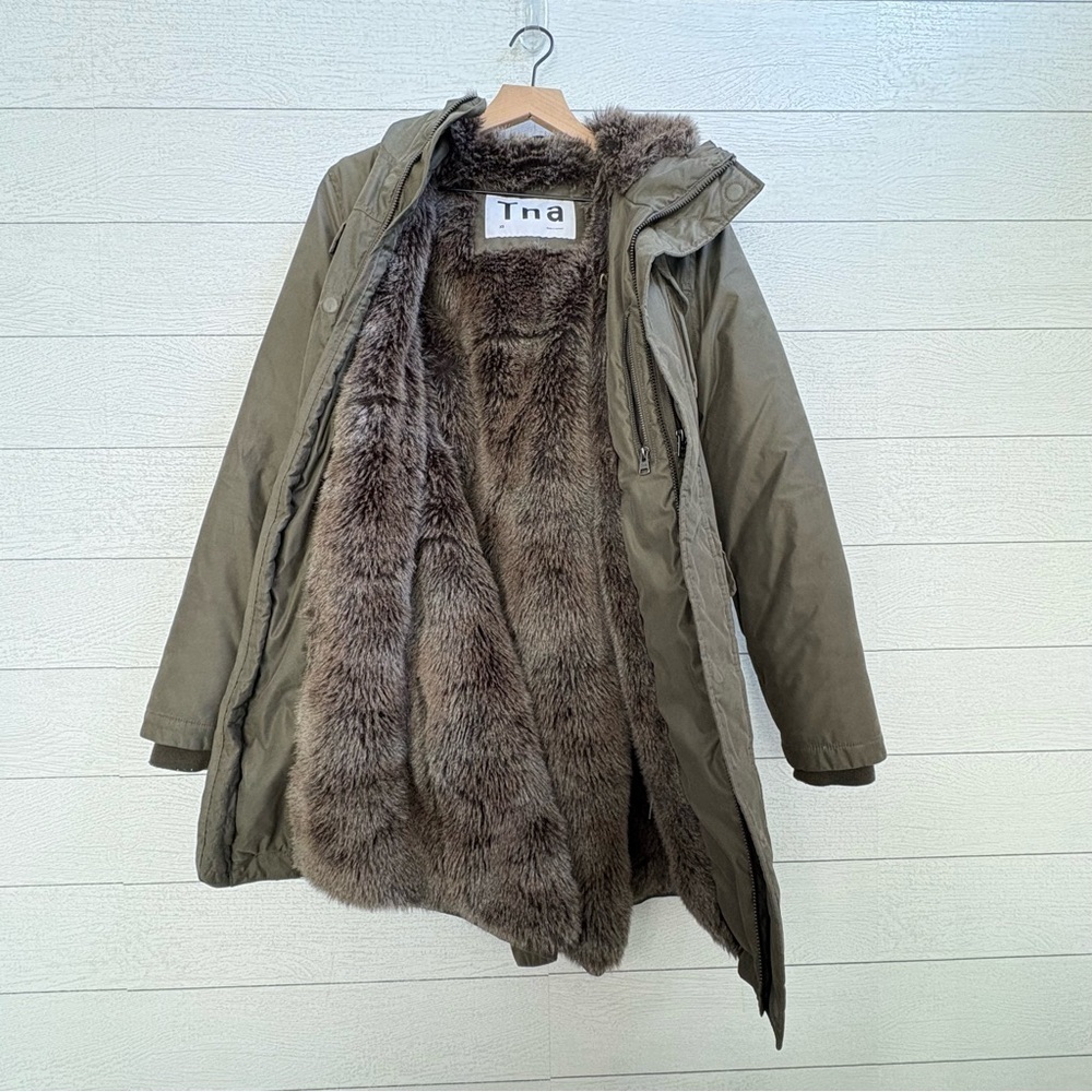 TNA Aritzia XS Olive Green Faux Fur Lined Military Style Parka Coat - Picture 6 of 16